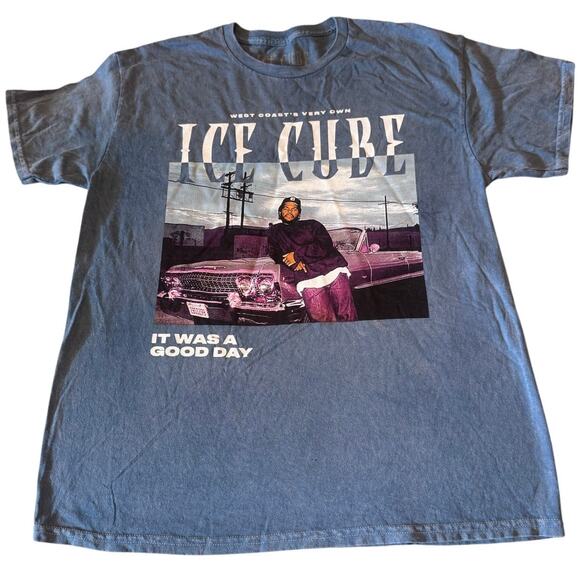 Ice Cube It Was A Good Day Blue Acid Wash Short Sleeve Band Rap T-Shirt Sz L - Picture 1 of 6